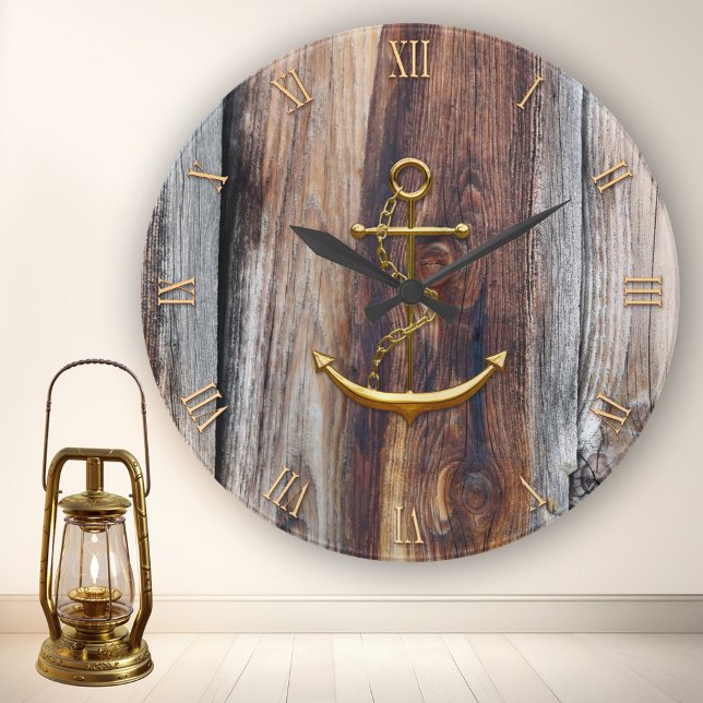 Ancre d'or en bois rustique Horloge murale marine (Nautical wall clock featuring a golden anchor and roman numbers (optional) on rustic driftwood)