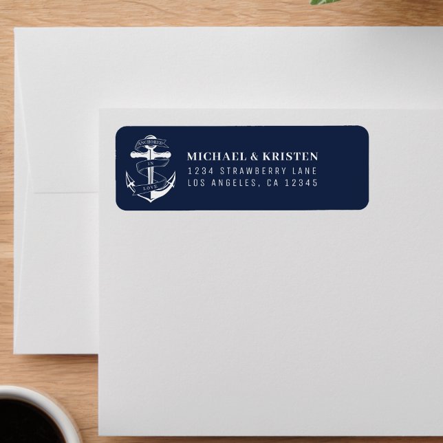 Ancré en amour Nautique Bleu Ancre Mariage (Anchored in Love White and Blue Nautical Anchor Wedding Label
)
