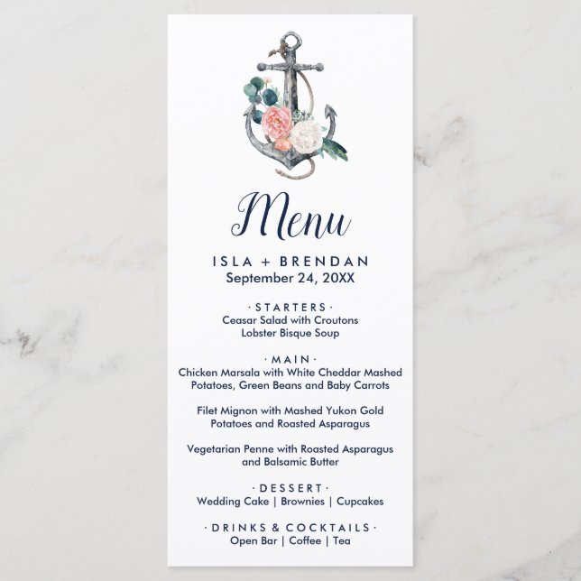 Ancre florale | Carte de menu du dîner d'été (Devant)