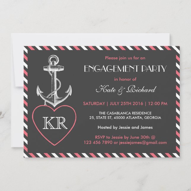 Ancre marine rose gris Invitation (Devant)