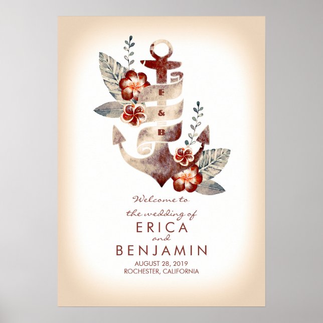 Ancre Nautical Beach Mariage Affiche de bienvenue (Devant)