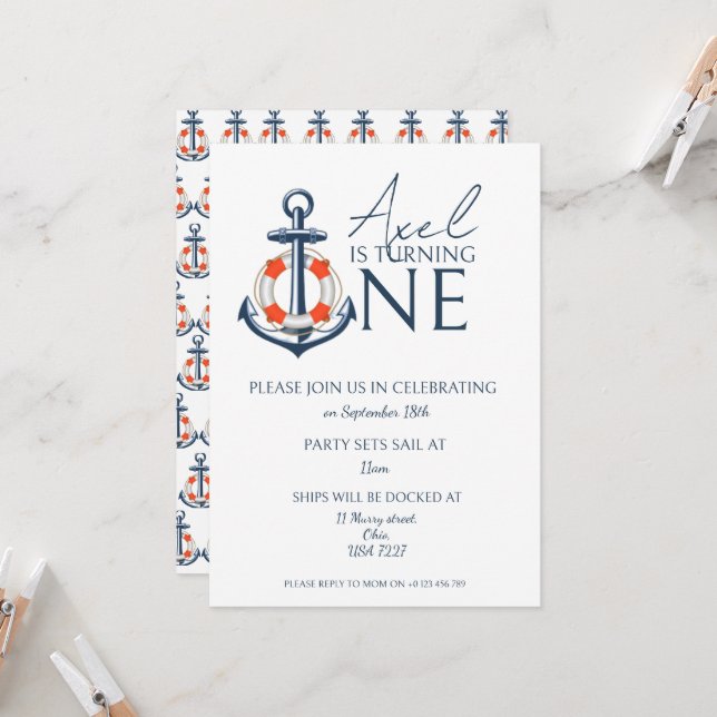 Ancre Nautical Boy Invitation de fête d'anniversai (Devant/Arrière en situation)