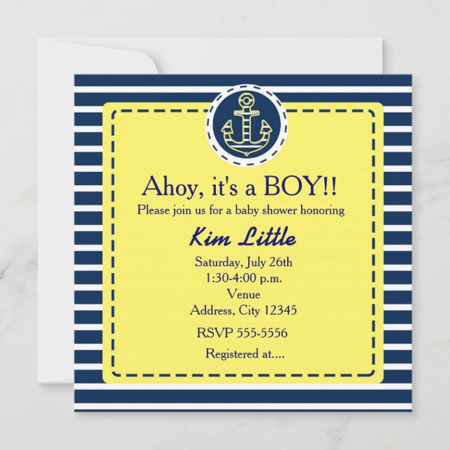 Ancre nautique Baby shower bleu jaune Invitation (Devant)