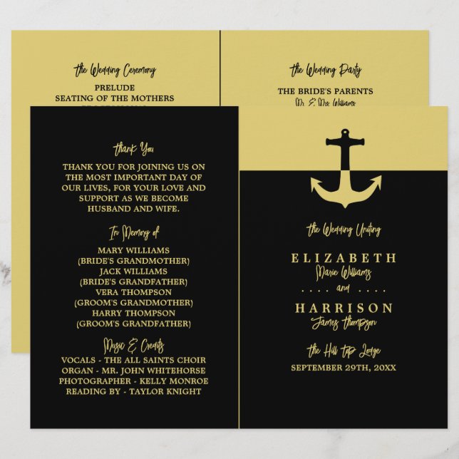 Ancre nautique - Black Gold - Programme de mariage (Devant / Derrière)