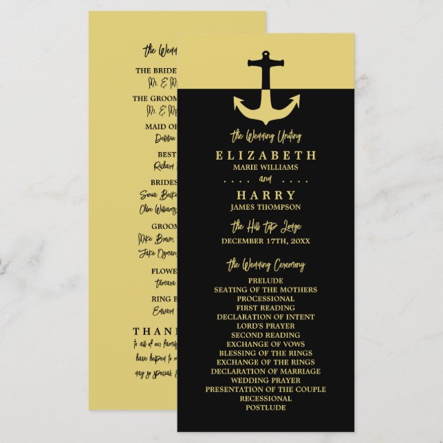 Ancre nautique - Black Gold - Programme de mariage (Devant / Derrière)
