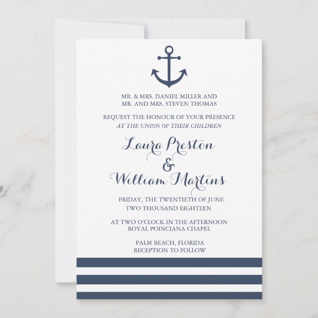 Ancre nautique et Faire-part de mariage rayé (Devant)