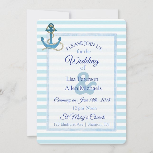 Ancre nautique Faire-part de mariage rayé bleu (Devant)