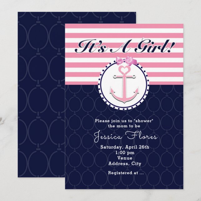 Ancre nautique Invitation Baby shower rose et bleu (Devant / Derrière)