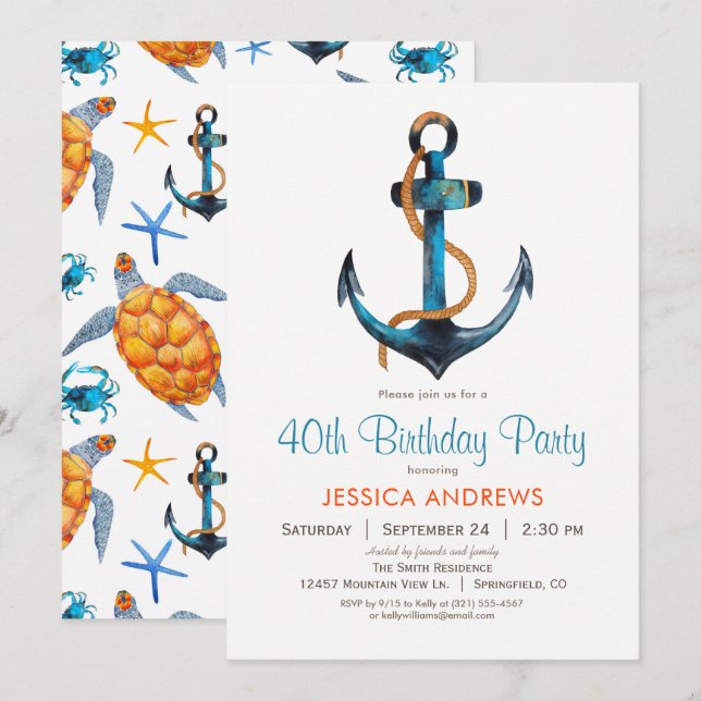 Ancre nautique Invitation de fête d'anniversaire (Devant / Derrière)