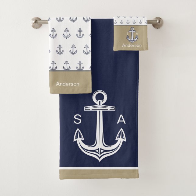 Ancre nautique monogramme Bleu Blanc Tan Côtier (En situation)