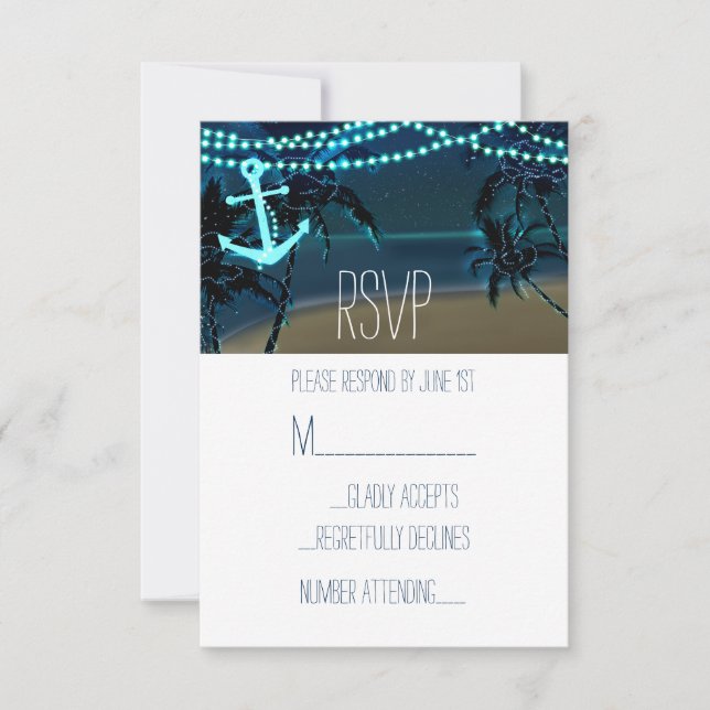 Ancre & Palm Trees Beach Night Wedding Carte RSVP (Devant)