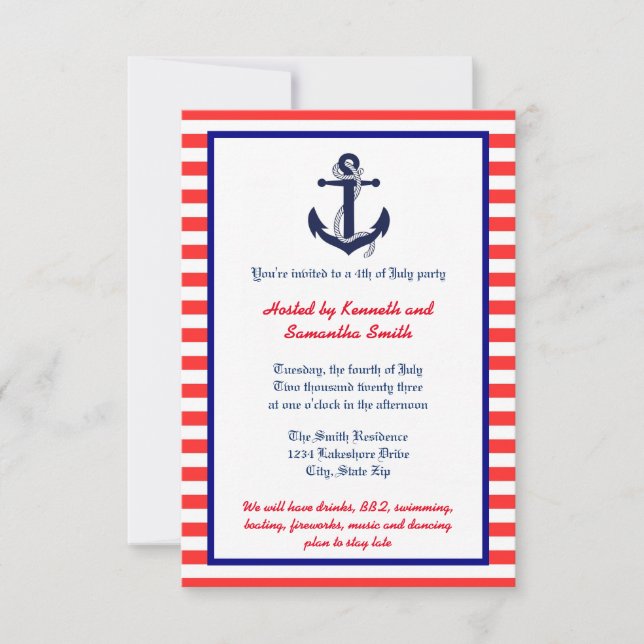 Ancre rouge blanc et bleu - Invitation 3x5 Party (Devant)
