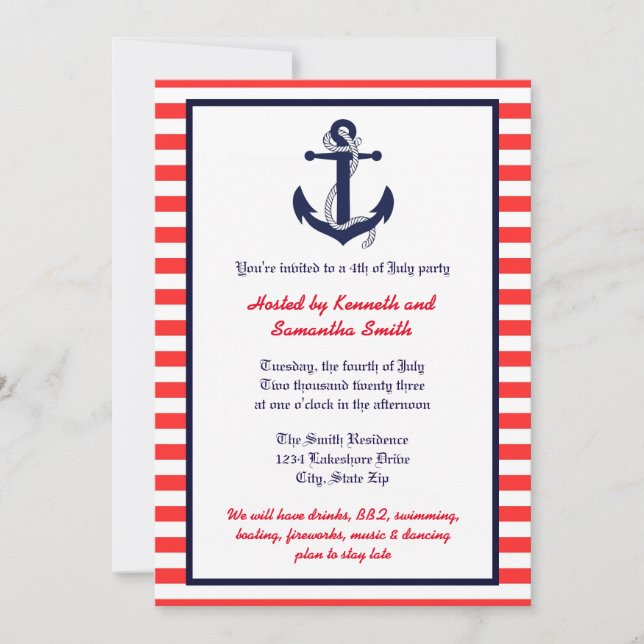 Ancre rouge blanc et bleu - Invitation de la fête (Devant)