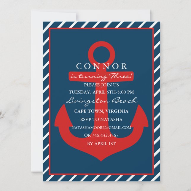 Ancre rouge et bleu Invitation d'anniversaire (Devant)