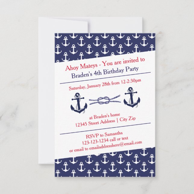 Ancres Ahoy fête d'anniversaire - Invitation 3x5 (Devant)