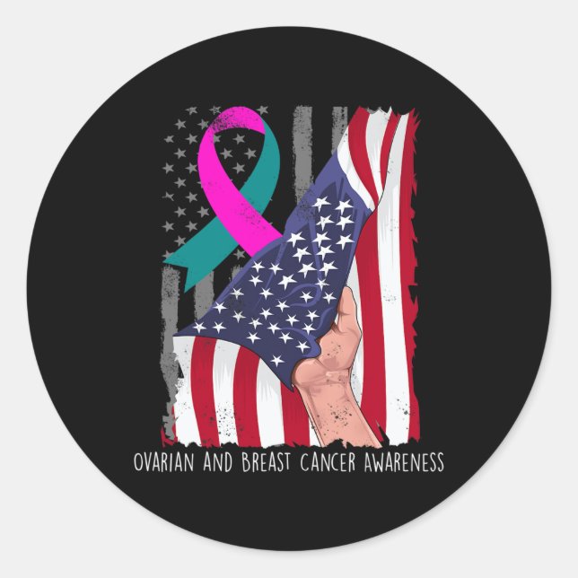 And Breast Cancer Awareness American Flag Ribbon  Classic Round Sticker (Front)