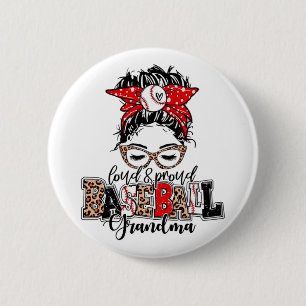 And Proud Baseball Grandma Messy Bun Leopard 2 Inch Round Button
