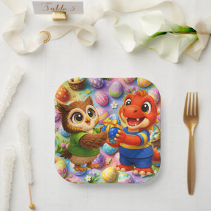 And put happy Easter Square kids holiday paper pla Plate