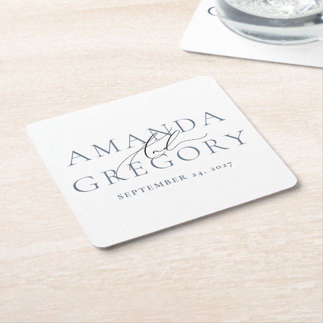 And Script Elegant Couples Names & Date Square Paper Coaster (Angled)
