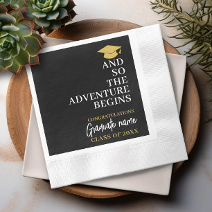 And So The Adventure Begins Black Gold Graduation Napkin