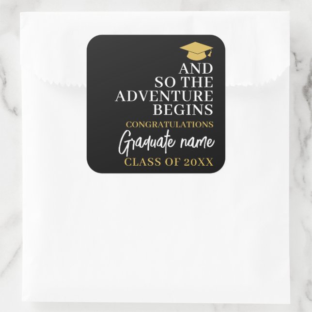 And So The Adventure Begins Black Gold Graduation Square Sticker (Bag)