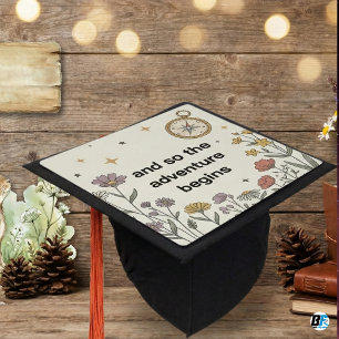 And So The Adventure Begins Boho Floral Compass Graduation Cap Topper