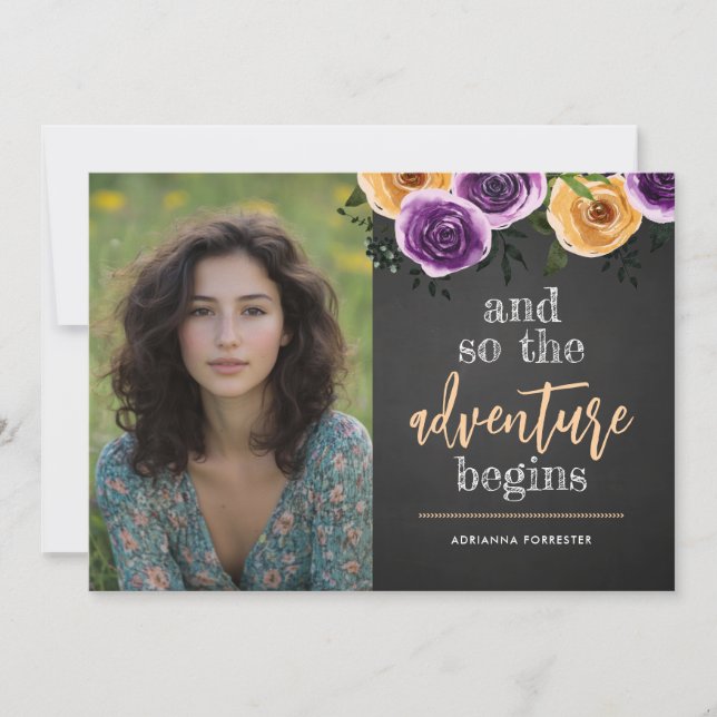 And So The Adventure Begins Floral Graduate Photo Invitation (Front)