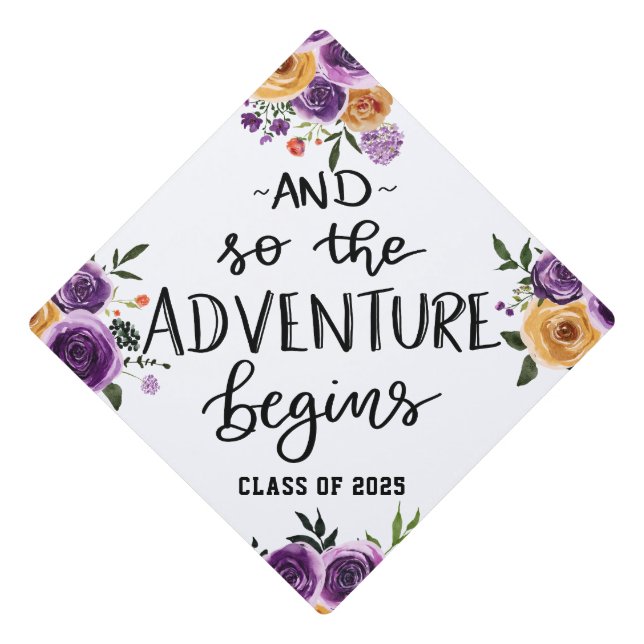 And So The Adventure Begins Handwritten Script Graduation Cap Topper (Front)