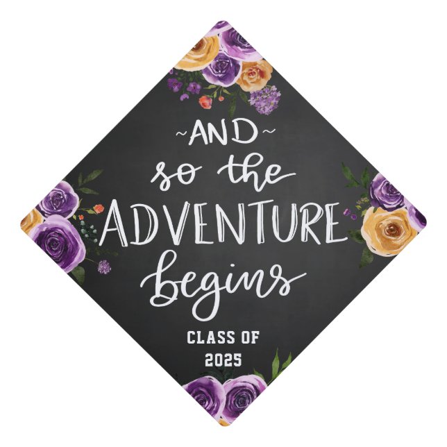 And So The Adventure Begins Handwritten Script Graduation Cap Topper (Front)
