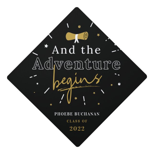 And the Adventure Begins 2025 Typography Graduation Cap Topper (Front)