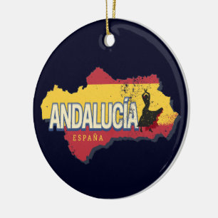 Andalusia Spain Retro Map Vintage Flamenco Holiday Ceramic Ornament