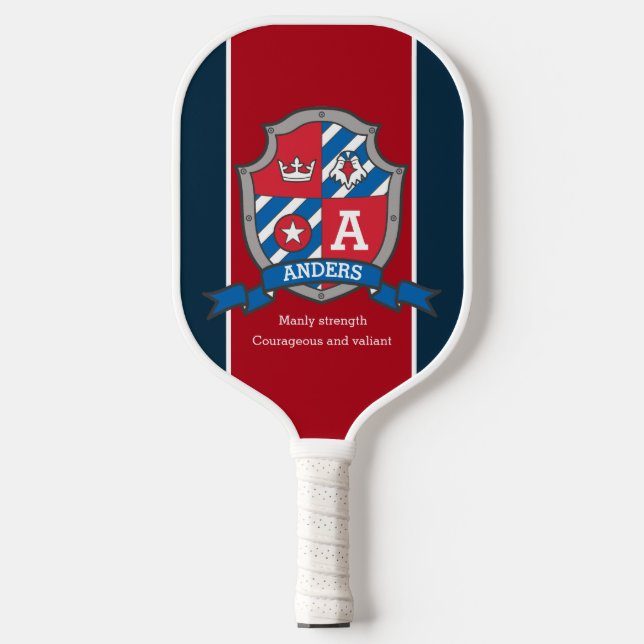 Anders letter A name meaning red blue knight crest Pickleball Paddle (Front)