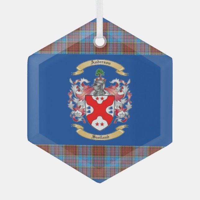 Anderson Crest w/ Anderson Tartan. Glass Ornament (Front)