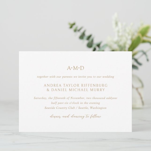 Andrea Gold Elegant Wedding Invitation (Standing Front)