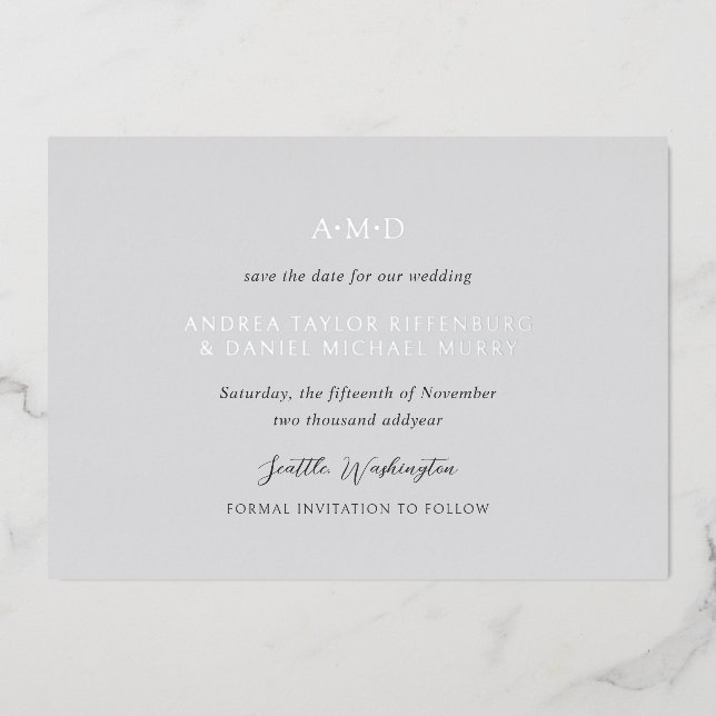 Andrea Grey Elegant Wedding Save the Date (Front)