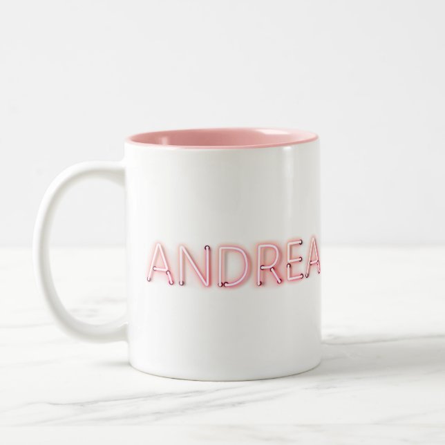 Andrea Name in Glowing Neon Lights Two-Tone Coffee Mug (Left)