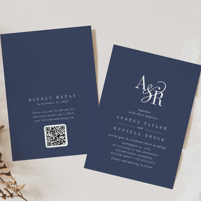 ANDREA Navy Blue QR Code Classic Elegant Wedding Invitation (ANDREA Navy Blue QR Code Classic Elegant Wedding Invitation)