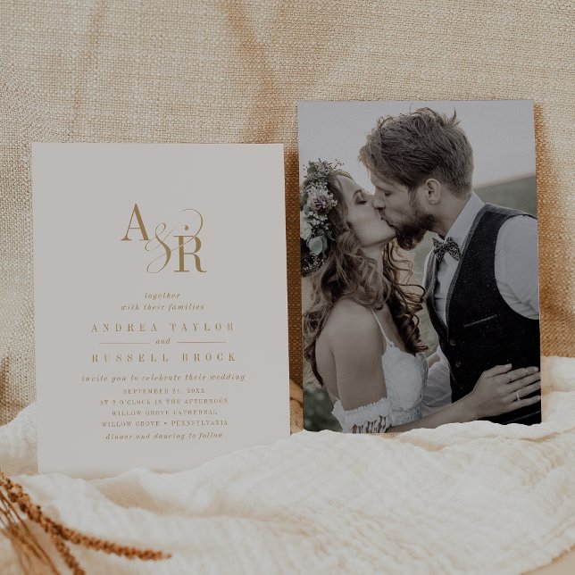 ANDREA Neutral Gold Cream Elegant Photo Wedding Invitation (ANDREA Neutral Gold Cream Elegant Photo Wedding Invitation)