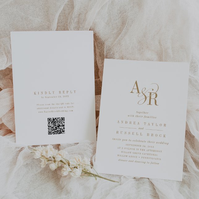 ANDREA QR Code Classic Gold White Initials Wedding Invitation (ANDREA QR Code Classic Gold White Initials Wedding Invitation)