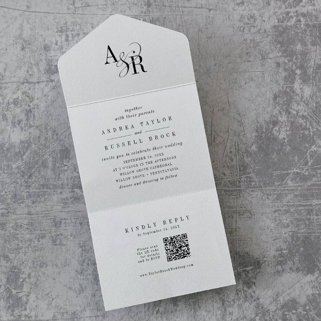 ANDREA QR Code White Black Simple Minimal Wedding All In One Invitation (ANDREA QR Code White Black Simple Minimal Wedding All In One Invitation)