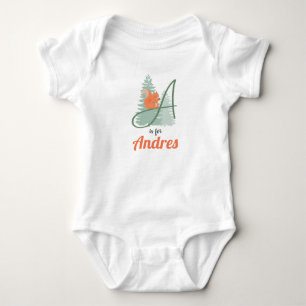 Andres Name Reveal Letter A Woodland Boy Squirrel Baby Bodysuit