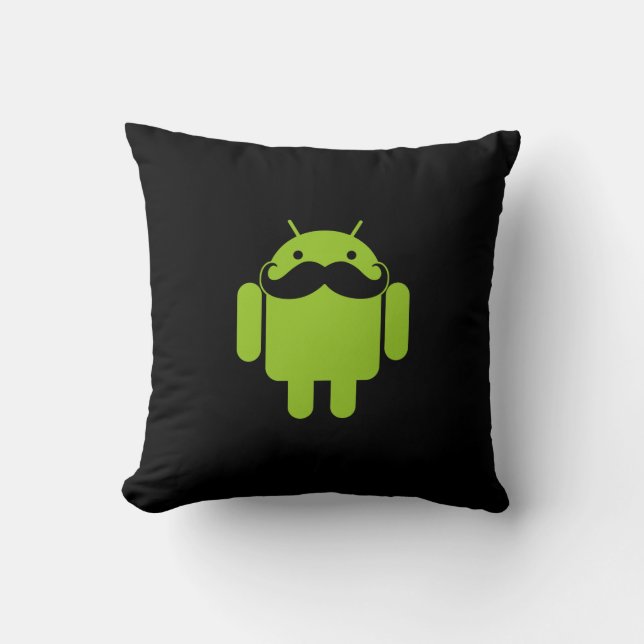 Android Robot Icon Moustache on Black Throw Pillow (Front)
