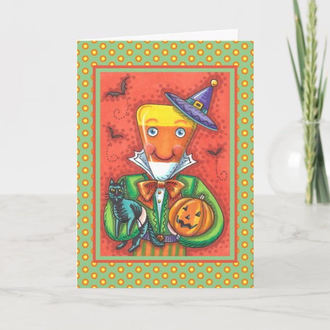 ANDY THE CANDY CORN MAN, BLACK CAT & JACK Colourfu Holiday Card (Front)