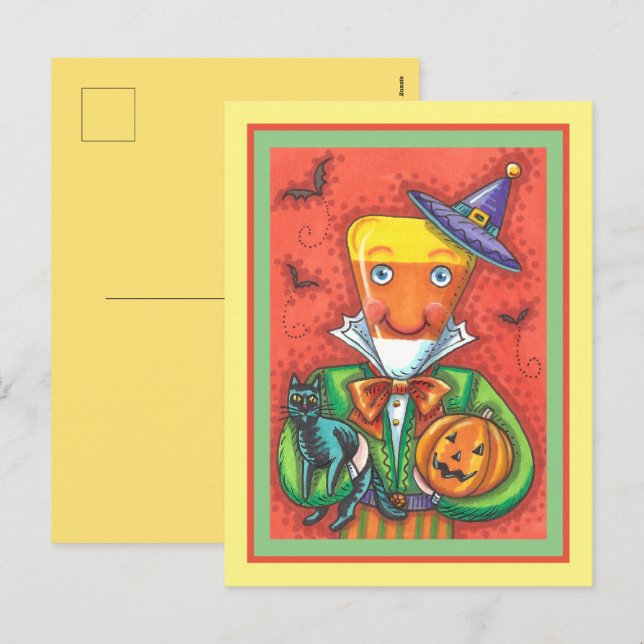 ANDY THE CANDY CORN MAN, BLACK CAT & JACK Colourfu Holiday Postcard (Front/Back)