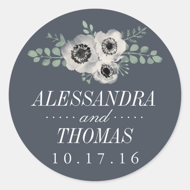 Anemone and Eucalyptus Wedding Classic Round Sticker (Front)