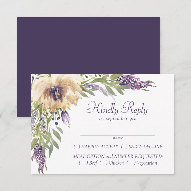 Anemone and Lavender | Purple Green Cream Entree RSVP Card (Front/Back)
