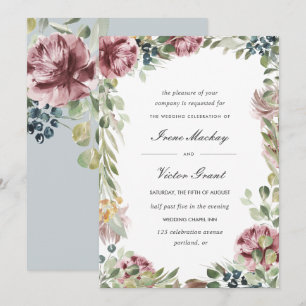 Anemone Blush Blue Grey Romantic Botanical Wedding Invitation