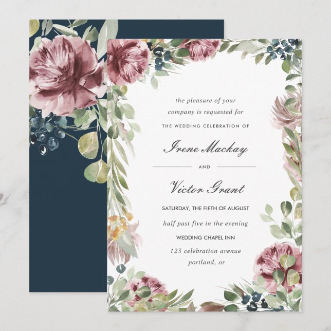 Anemone Blush | Blue Romantic Botanical Wedding Invitation (Front/Back)