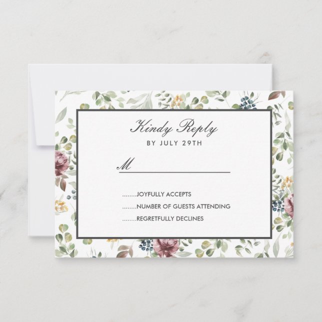 Anemone Blush grey botanical flowers Wedding RSVP (Front)