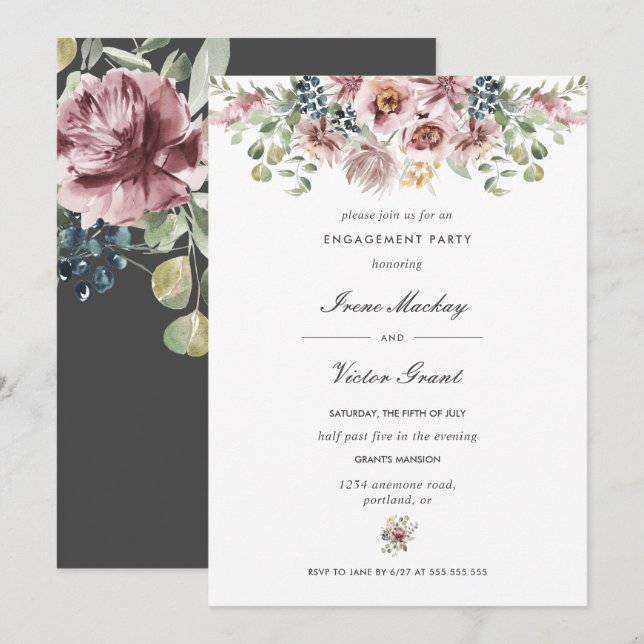 Anemone Dark Grey Botanical  Engagement Party Invitation (Front/Back)